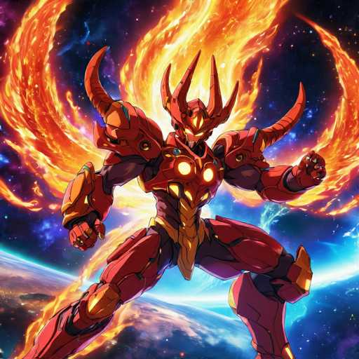 The image depicts a futuristic robot with a red body and orange horns, standing on the planet Mars. The robot is equipped with a large head and two arms, one of which has a sword in its hand. The background features a starry sky filled with planets and stars, creating an otherworldly atmosphere.