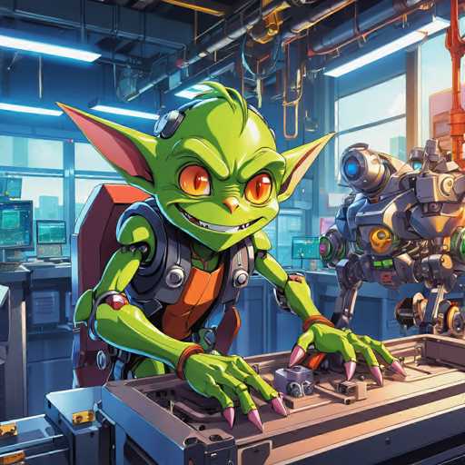 The image depicts two characters - a green-skinned humanoid robot with large eyes and red lips, wearing an orange vest and holding a keyboard, and a human figure sitting at a desk with a computer monitor in front of them. The setting appears to be a factory or workshop environment, characterized by the presence of pipes and other industrial equipment.