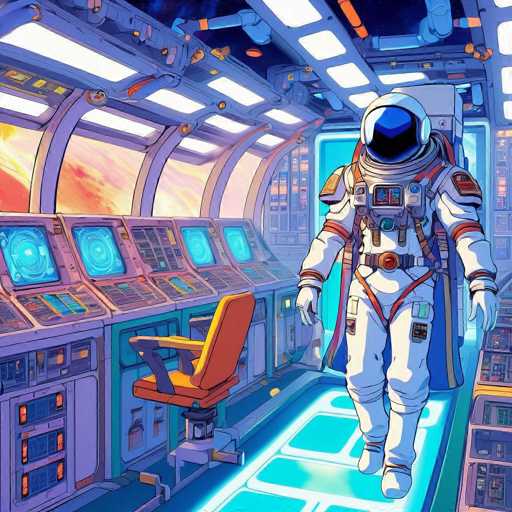 The image depicts an astronaut walking through a space station with blue walls and orange seats. The astronaut is wearing a white spacesuit with red stripes on the chest and legs, and a helmet with a visor that casts a blue light over their face. The space station features multiple control panels and screens in shades of purple and green, suggesting advanced technology and systems for navigation and communication.
The artist's style is characterized by a focus on detail and realism, with a color palette dominated by shades of blue, orange, and white.