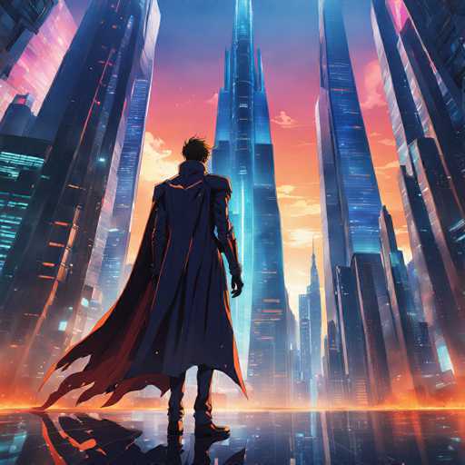 The image depicts a futuristic cityscape at sunset with tall buildings illuminated by orange and blue lights against the sky. A lone figure wearing a cape is standing on a reflective surface, facing away from the viewer. The colors in the scene are predominantly blue, purple, and orange, creating a vibrant and surreal atmosphere.