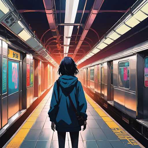 The image depicts a subway station with a woman standing on the platform wearing a blue hoodie and carrying a black bag. The background shows multiple train cars of various colors, including silver, green, and red, indicating that this is an active subway station.