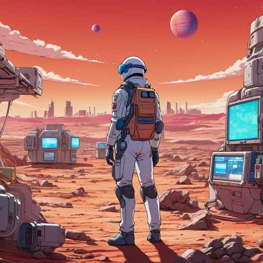 The image depicts an astronaut standing on a rocky surface with two planets visible in the background - one is a blue planet and the other is a red planet. The astronaut is wearing a white spacesuit and carrying a backpack.