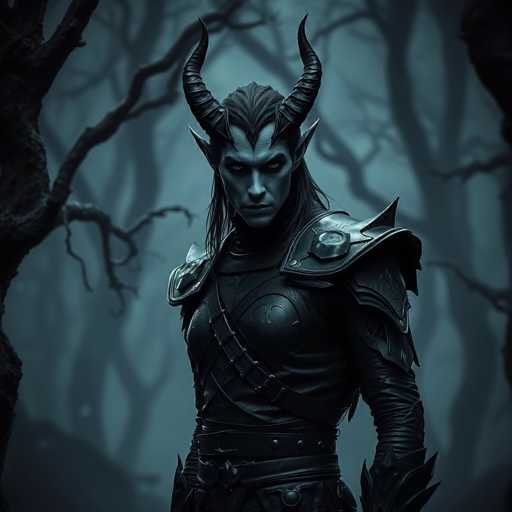 A male figure with long hair and horns stands in a dark forest, wearing a black leather outfit that includes a belt and a helmet. The figure is facing the camera directly, giving an intense gaze.