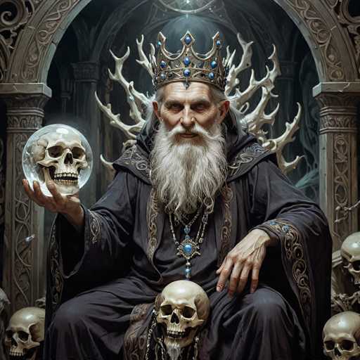 The image depicts an elderly man wearing a black robe and holding a crystal ball with his left hand while surrounded by numerous skulls arranged around him on the right side of the frame.
