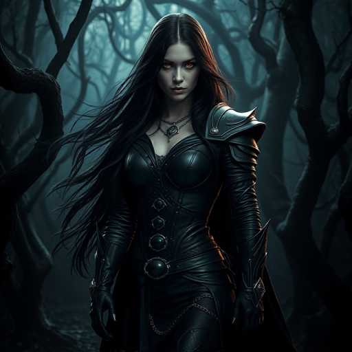 A woman with long dark hair and a black leather outfit stands in the center of a forest, holding a sword and shield. The background is filled with trees and foliage, creating an atmosphere of mystery and danger.