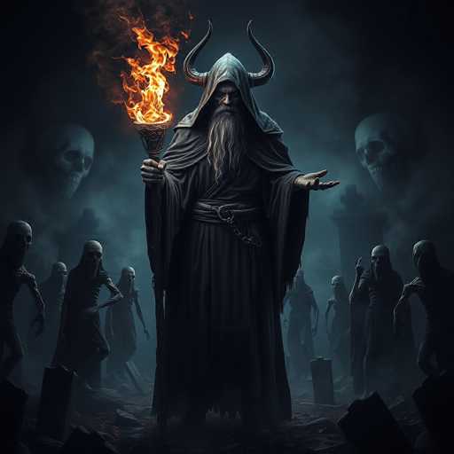 The image depicts a dark and eerie scene with a group of people dressed in black robes and headpieces scattered throughout the frame. The central figure is holding a flaming torch, which appears to be burning brightly against the darkness. The background is shrouded in fog, adding to the mysterious atmosphere of the scene.