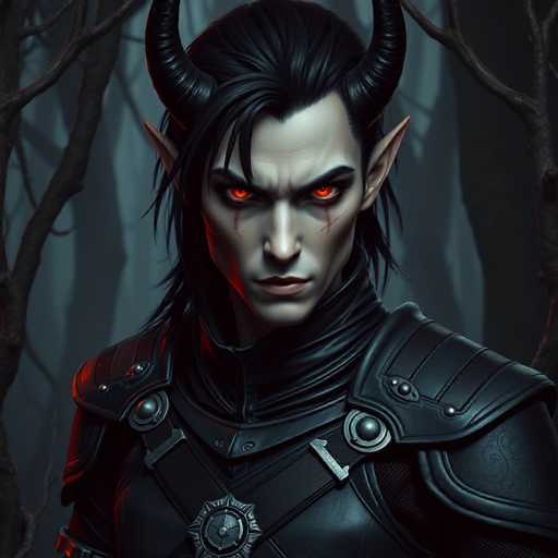 The image depicts a character with long black hair and horns wearing a black leather outfit adorned with silver buckles. The character has red eyes that add a striking contrast against the dark background of the forested area surrounding them.