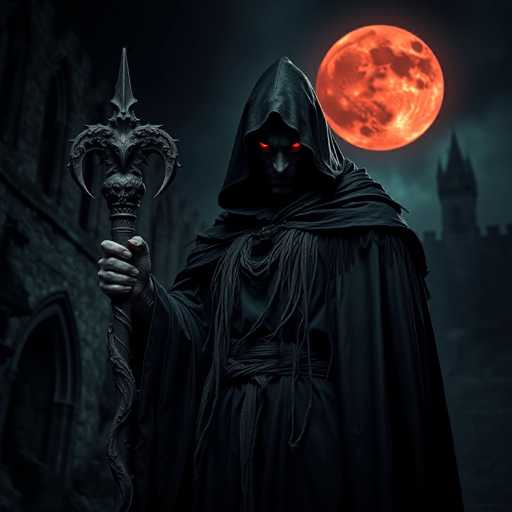 A figure dressed as a medieval witch stands before a castle with a full moon rising behind it. The figure is wearing a black robe and has red eyes that add an eerie glow to the scene. A staff in the hand of the figure suggests they are prepared for battle or some form of conflict.