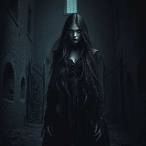 The image depicts a woman with long dark hair standing in front of two large gates on an old brick street. The woman is dressed in a black dress and has her hands clasped together in front of her.