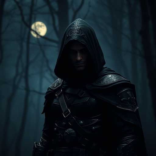 The image depicts a person wearing a hooded robe and holding a sword, standing in front of a full moon with trees in the background. The person's face is obscured by the hood, adding an air of mystery to their appearance.