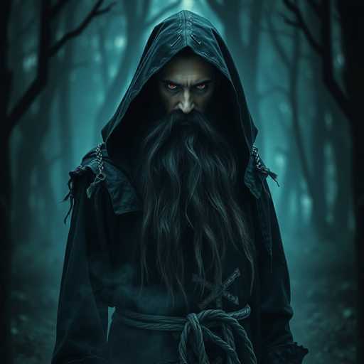 The image depicts a person with long hair and a beard wearing a hooded robe, standing in front of trees in a forest setting. The individual has red eyes and is looking directly at the camera.