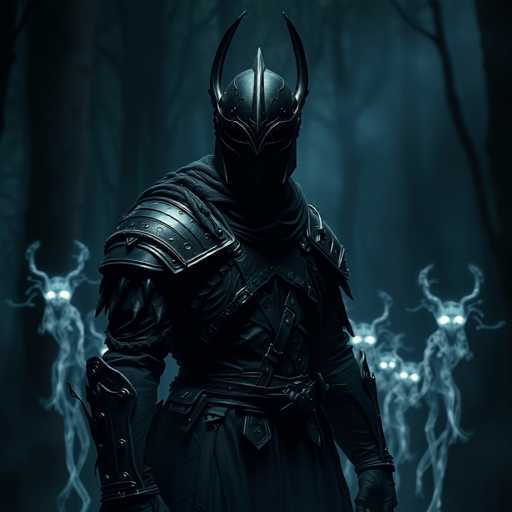 A knight in full armor stands in a dark forest, with three ghostly figures flanking him on either side and two more standing behind him.