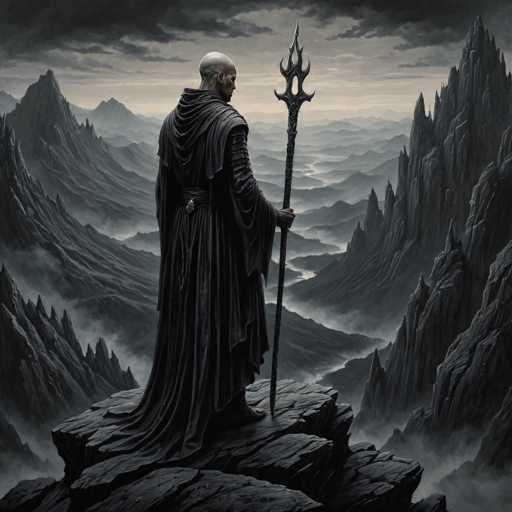 The image depicts a man standing on a cliff overlooking a valley below. The man is dressed in a black robe and holds a staff with a pointed tip, suggesting he may be a leader or guardian of the land. The background features mountains shrouded in fog, creating an atmosphere of mystery and solitude.