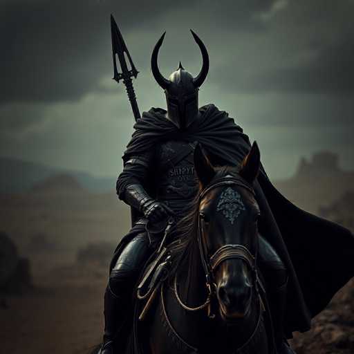 A knight on horseback wearing a black suit and helmet with a large horn on his head is riding through a desert landscape under a cloudy sky.