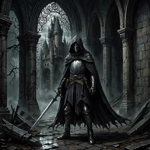 The image depicts a knight standing in front of a castle gate with a sword and shield at his side. The knight is wearing a black outfit that includes a hooded cape and boots. The castle gate is made of stone and features an intricate design on the top half. The background is shrouded in darkness, creating an atmosphere of mystery and intrigue.