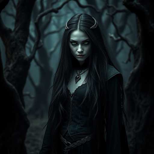 A woman with long dark hair and a necklace is standing in front of trees in a forest. She has green eyes and is dressed in black clothing that includes a corset and a headdress. The background features the silhouettes of trees against a dark sky.