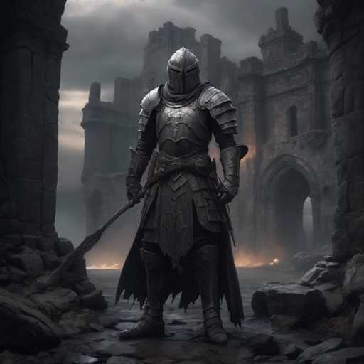 The image depicts a knight standing on a rocky terrain with his sword raised high above his head and shield held at the ready. The knight is dressed in a full suit of armor that includes a helmet, breastplate, and chainmail. In the background, there are stone ruins or an old castle, suggesting that this scene takes place in a historical setting.