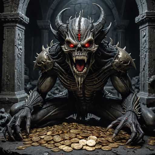 The image depicts a skull with red eyes and sharp teeth, surrounded by piles of gold coins. The skull is positioned on the left side of the frame, facing towards the right. The background features an archway leading to another room, suggesting that this scene takes place in a castle or similar setting.