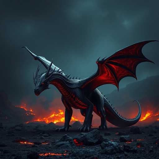 A majestic dragon stands on rocky terrain with its wings spread wide and tail curled up behind it. The dragon's body is a striking combination of black and red hues, contrasting against the dark backdrop of the night sky. The fiery orange flames in the background add to the intensity of the scene.