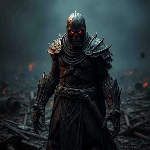 The image depicts a character with a skull-like appearance and red eyes, standing amidst a chaotic scene of rubble and debris. The character is wearing a black outfit that includes a helmet and armor, suggesting they are a warrior or knight in some capacity.