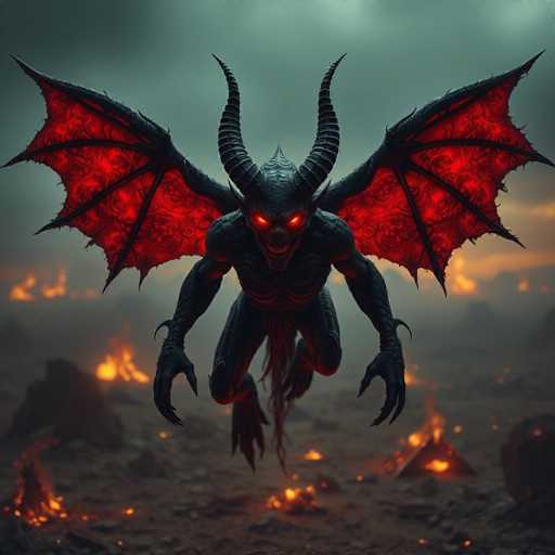 A 3D rendering of a devil with red wings and horns, facing towards the right side of the image. The background is dark and filled with smoke from burning rocks, creating an ominous atmosphere.