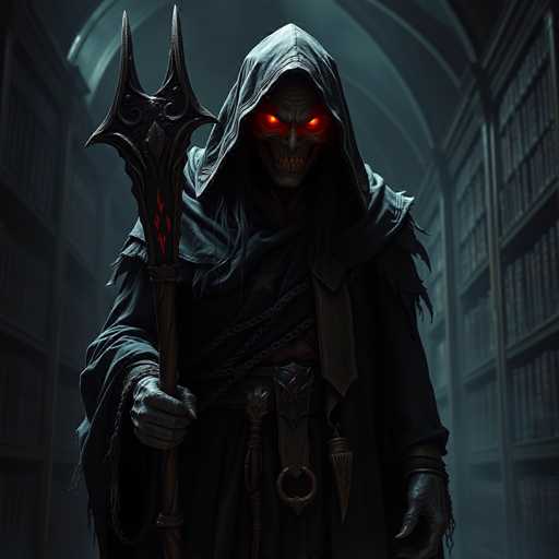 The image depicts a character with red eyes and a hooded cloak holding a staff or sword, standing in front of a row of bookshelves filled with books. The character is wearing a robe that appears to be made of leather, giving them an imposing presence.
