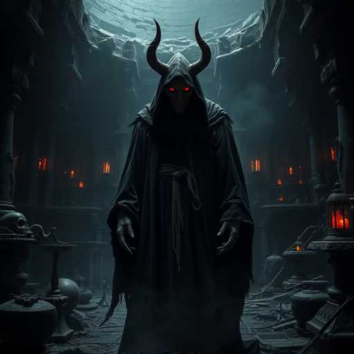 The image depicts a dark and eerie scene set within an ancient temple. At the center of the frame is a figure cloaked in darkness, with horns protruding from their head. The figure is wearing a robe that blends into the shadows, adding to the overall sense of mystery and dread. Surrounding this central figure are various objects scattered throughout the temple, including candles, vases, and other artifacts.