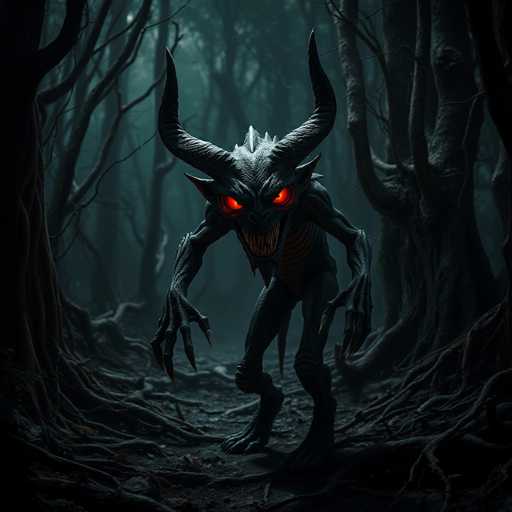 The image depicts a dark and eerie scene set within a forest. At the center of the frame is a creature with red eyes and horns, giving it an unsettling appearance. The creature has sharp teeth and claws, adding to its menacing presence. It's facing towards the left side of the image, as if ready to pounce or flee from unseen danger. The background is filled with trees and foliage, creating a sense of depth and darkness that further emphasizes the eerie atmosphere.