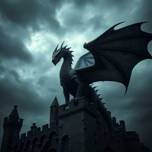 The image depicts a large dragon statue perched atop a stone tower with battlements and turrets. The sky is filled with dark clouds, creating an ominous atmosphere. The perspective of the photo is from below, looking up at the imposing presence of the dragon statue against the backdrop of the castle-like structure.

There are no discernible texts or other objects in the image.