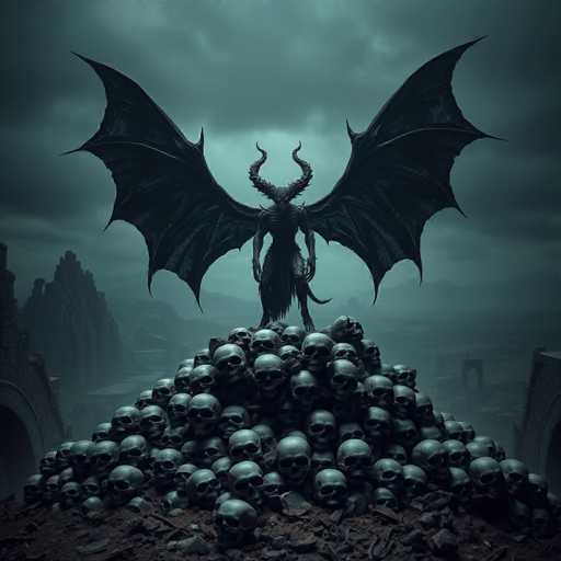 The image depicts a dark and eerie scene dominated by a large pile of skulls arranged on the ground. Atop this mound is a figure with wings spread wide, giving an impression of power or dominance. The background features a cloudy sky and mountains in the distance, adding to the ominous atmosphere of the scene.