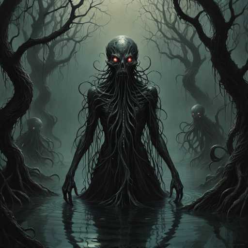 The image depicts three dark-skinned creatures with red eyes and long tentacles floating on the surface of a body of water. The creatures appear to be in motion, possibly swimming or gliding through the water. The background is filled with trees and foliage, creating an eerie atmosphere that complements the mysterious nature of the creatures.