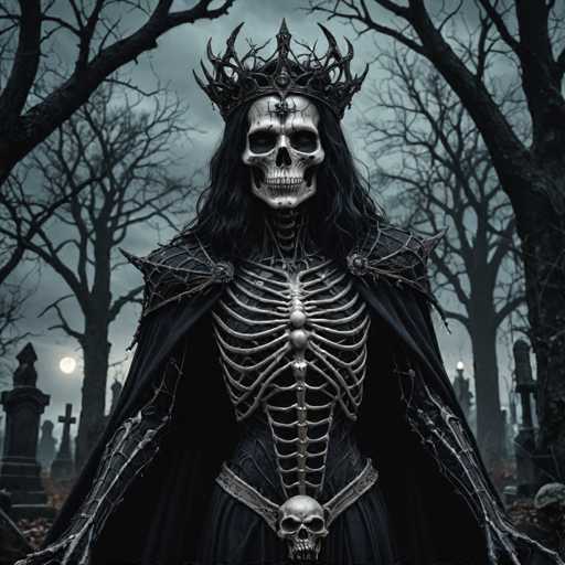 The image depicts a skeleton standing in front of a graveyard with trees and tombstones. The skeleton is adorned with a crown and a cape, giving it an imposing presence. The background features the silhouettes of trees against a dark sky, creating a sense of mystery and solitude.