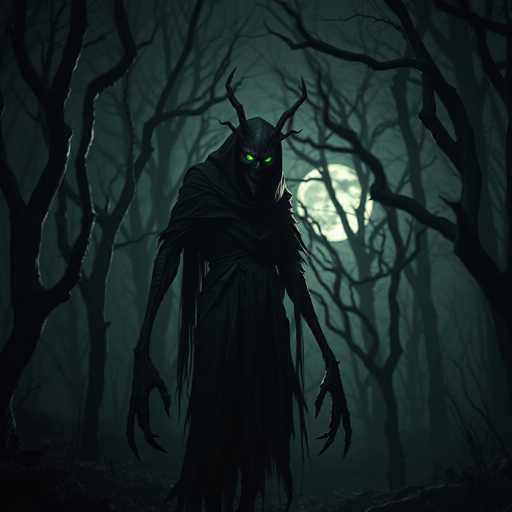 A figure with green eyes and horns stands in a dark forest, wearing a long black robe and holding a staff. The background is filled with trees and the moon can be seen in the distance.