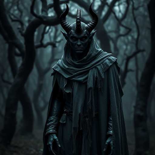 The image depicts a dark figure with horns and a cape-like robe standing in the center of a forested area. The figure is facing towards the right side of the frame, creating a sense of movement or direction within the scene.