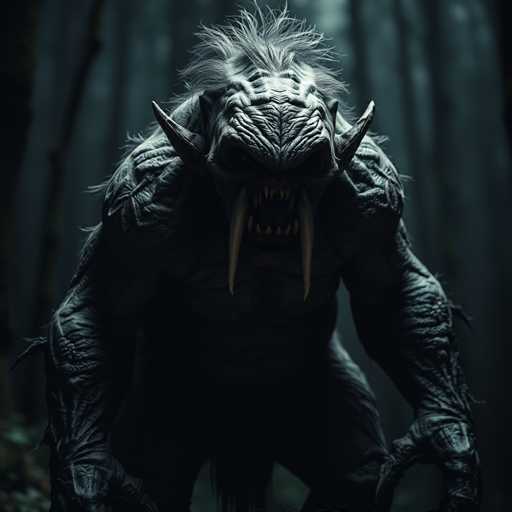 The image depicts a creature with large, sharp teeth and claws standing in the center of a dark forest. The creature has a long neck and is facing towards the camera, giving an intense and imposing presence to the scene.