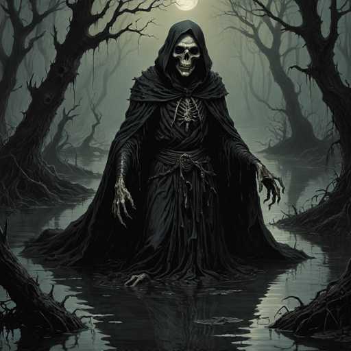 The image depicts a skeleton figure standing in a body of water surrounded by trees with twisted trunks and branches. The skeleton is wearing a black robe and has long, pointed fingers.