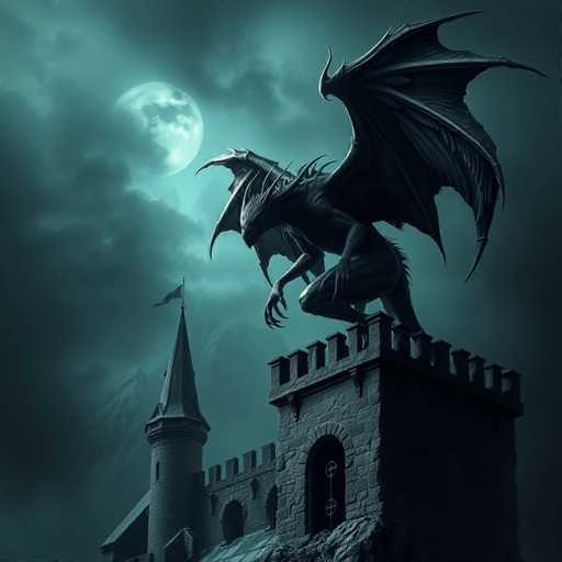 The image depicts a large dragon perched atop a stone tower with a castle-like structure on top of it. The dragon is facing towards the right side of the image and has its wings spread wide in a display of power or majesty. In the background, there are mountains rising against the dark sky, adding depth to the scene.