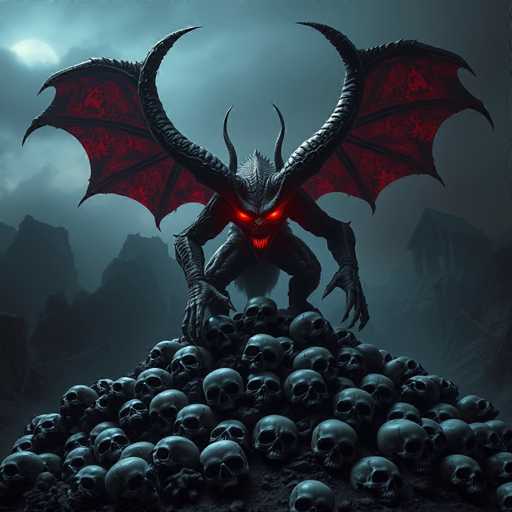 The image depicts a dark and eerie scene dominated by a large pile of skulls, with the central figure being a creature resembling a bat or dragon with red wings and glowing red eyes. The background is shrouded in darkness, creating an atmosphere of mystery and fear.