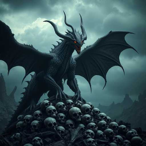 A large dragon with sharp teeth and a long tail is perched on top of a pile of skulls. The sky above the scene is dark blue with clouds, creating an eerie atmosphere.