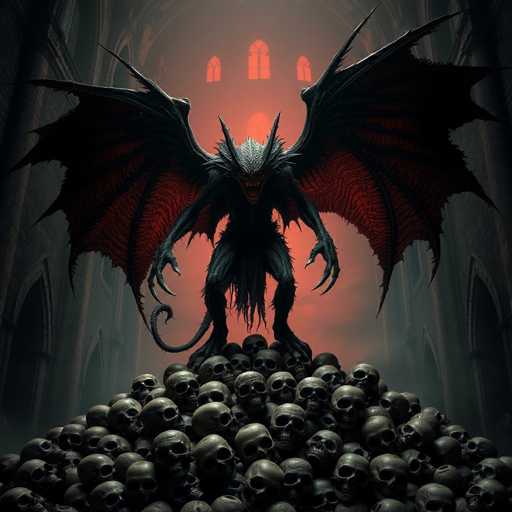 A dark figure with wings spread wide and sharp teeth gnashing on a pile of skulls against the backdrop of an old stone building with arched windows.