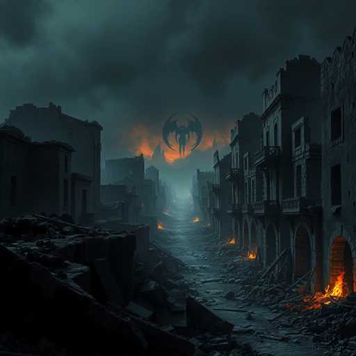 A desolate, ruined cityscape at night dominates the scene. Crumbling buildings and debris-filled streets are bathed in a dim, eerie light, illuminated by the distant glow of a malevolent, dark force. The overall art style is highly detailed and cinematic, emphasizing the stark contrast between light and shadow in this grim, otherworldly environment.