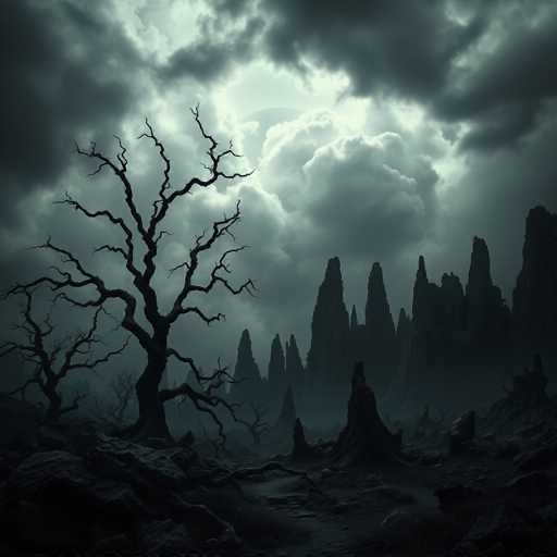A desolate, dark landscape unfolds with gnarled, skeletal trees and jagged rock formations under a foreboding, grey sky. Heavy clouds swirl, casting an ominous atmosphere. The scene is rendered in a hyper-realistic style with deep shadows and muted colors, creating a stark, eerie ambiance.