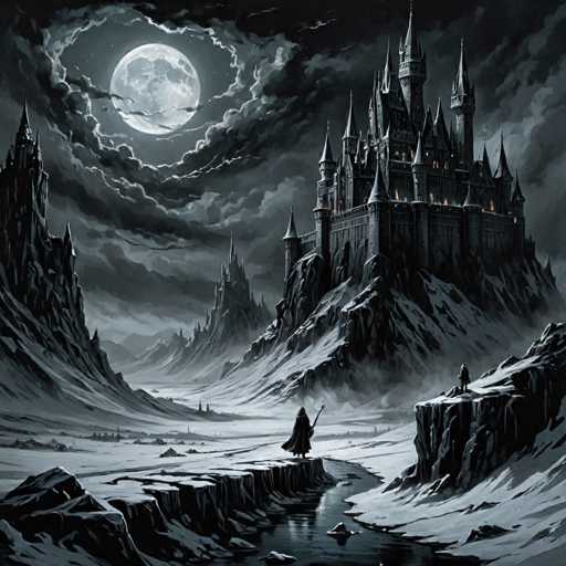 A stark, dark fantasy landscape dominates the image. A colossal, gothic castle perches atop a jagged, snow-covered mountain, illuminated by warm lights within. A lone figure stands on a rocky outcrop in the foreground, gazing towards the castle under a large, full moon. The scene is rendered in a painterly style with dramatic lighting and a focus on atmospheric depth, emphasizing a sense of mystery and isolation.