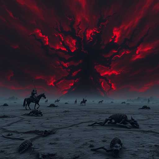 A desolate, apocalyptic landscape dominates the scene. A colossal, black, volcanic mountain looms in the distance, its surface a deep, burning crimson with writhing, dark tendrils. Scattered skeletal remains litter the barren, grey plain, hinting at a catastrophic battle. A lone rider on a black horse stands amidst the carnage, their posture suggesting a grim vigil in this desolate world. The overall art style is dark and foreboding, with muted colors emphasizing the scene's desolate atmosphere.
