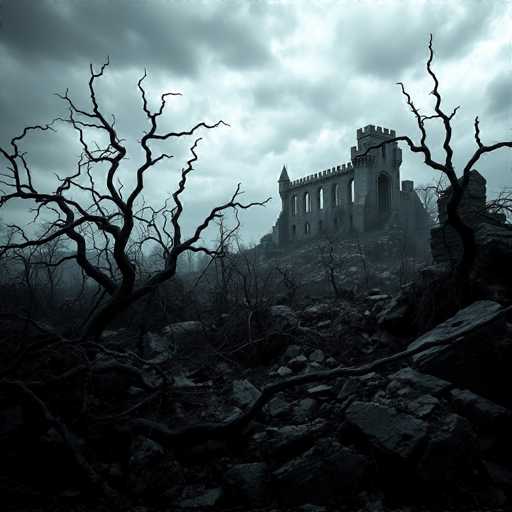 A desolate, eerie landscape unfolds: gnarled, black trees claw at a stormy sky, their skeletal branches stark against heavy, grey clouds. A crumbling castle perches on a rocky outcrop in the distance, shrouded in mist and decay. The scene is rendered in a dark, muted palette, emphasizing a haunting, melancholic atmosphere with a hyper-realistic, desolate feel.