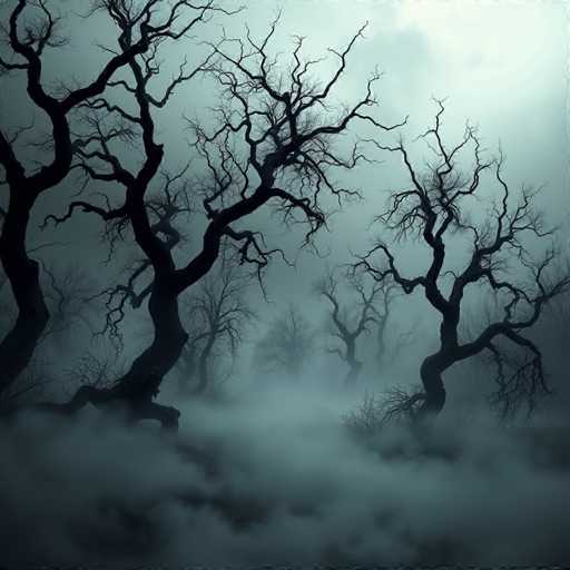 A haunting, ethereal scene unfolds with gnarled, black trees rising from a misty, grey landscape. The fog swirls and billows, obscuring the background in an eerie haze. Dark, skeletal branches reach out like spectral arms, creating a stark, otherworldly atmosphere with a dark, ominous aesthetic. The overall style is atmospheric and dreamlike, emphasizing shadows and a sense of mystery.