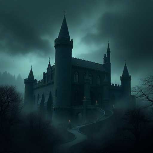 The image depicts an old castle with a tall tower and multiple turrets, situated on the right side of the frame against a dark sky filled with clouds. The castle is surrounded by trees, adding to its eerie atmosphere. A winding path leads up to the castle, suggesting that visitors must climb or descend it to reach the structure.
