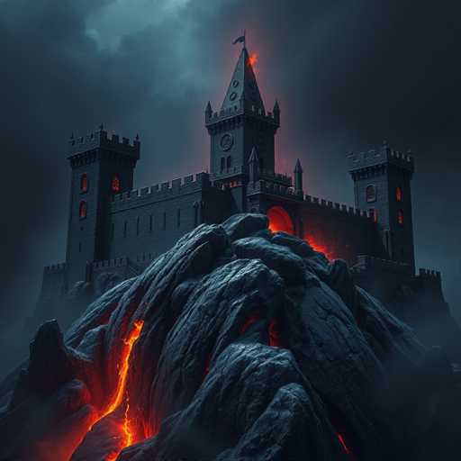 The image depicts a castle perched atop a large rock formation. The castle is constructed from dark stone and features multiple towers and turrets that reach towards the sky. A red liquid is flowing down the side of the rock formation, adding an element of danger to the scene. The background is shrouded in darkness, with ominous clouds looming overhead.