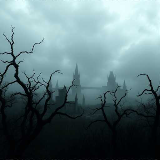 A dark, foreboding landscape unfolds with a distant, imposing castle shrouded in thick, grey mist. Twisted, skeletal trees loom in the foreground, their bare branches stark against a muted sky. The scene evokes a sense of mystery and unease with its monochromatic palette and atmospheric depth, reminiscent of a gothic horror aesthetic.