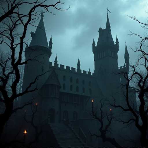 A dark, ominous castle looms in a foggy, eerie forest. Tall, grey stone walls and turrets rise into a grey sky, shrouded in mist. Twisted, gnarled trees stand silhouetted against the dim light, their branches adorned with flickering torches. The scene is a foreboding, dark fantasy, rendered in a high-contrast, mystical style.